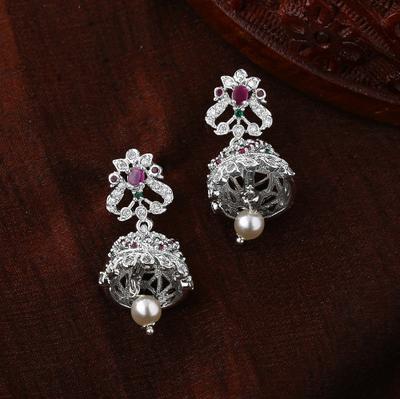 Women's Earrings with Rhodium Plated CZ Arcadia Jhumki, Pearls and Rubies