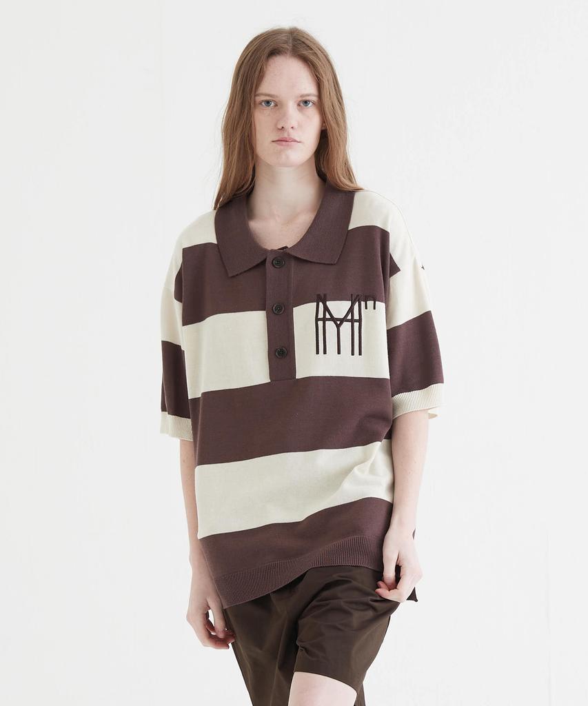HYII [Unisex] Pk Collar Striped Knit Sweater Brown
