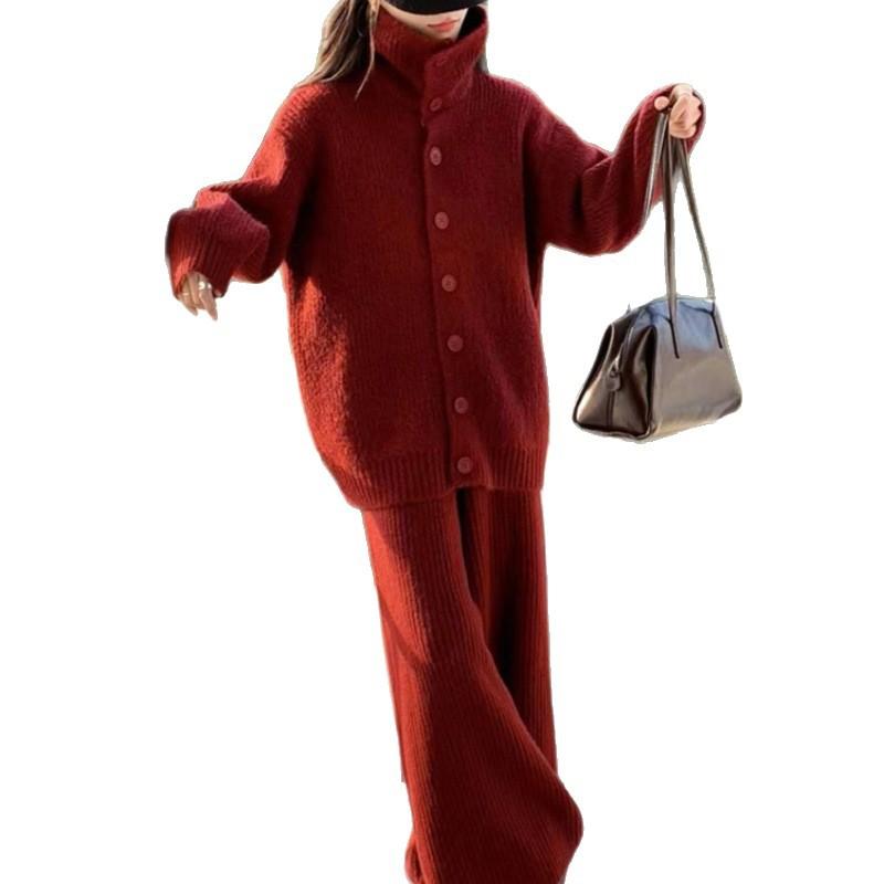 Knitted Sweater Set for Women's Autumn and Winter, Loose Wide-leg Casual Pants, Fashionable and Stylish Two-piece Set