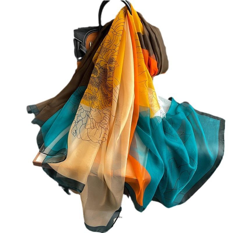 Flower Color Matching Scarf Women's Large Size Fashion Simulation Silk Commuting Sunscreen Light Luxury Silk Scarf Large Shawl Soft Yarn Scarf