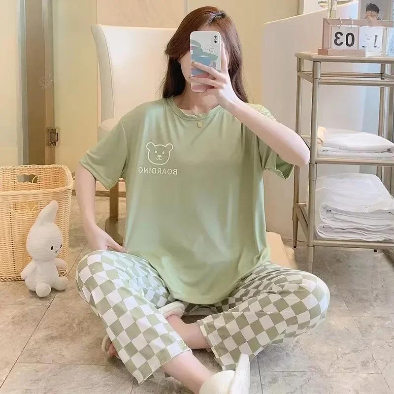 Pyjamas Set for Womenshort Sleeve Long Pants Student Pajamas Cartoon Plus Size Plaid Trousers Loungewear Two-Piece Setpajamas Wo