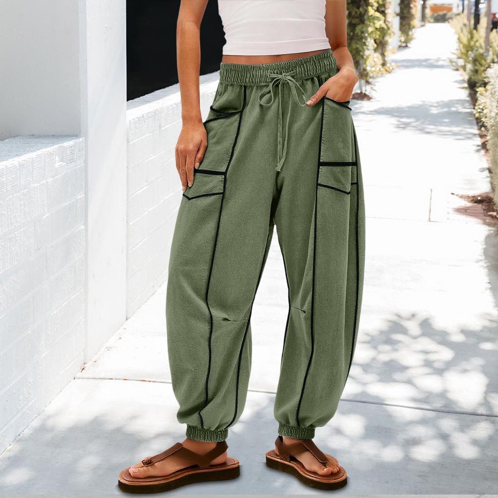 Women's Sanitary Pants, Wide Leg Pants, High Waist, Leg Cinching, Patchwork Pockets, Casual Pants