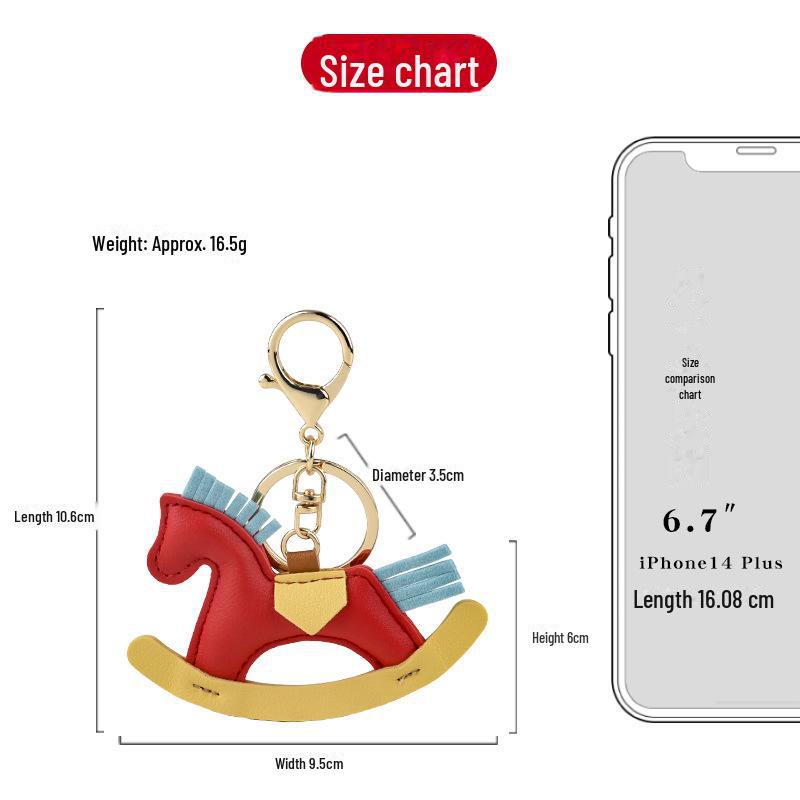 Children's Cartoon Rocking Horse Keychain - Handmade Wooden and Leather Pendant