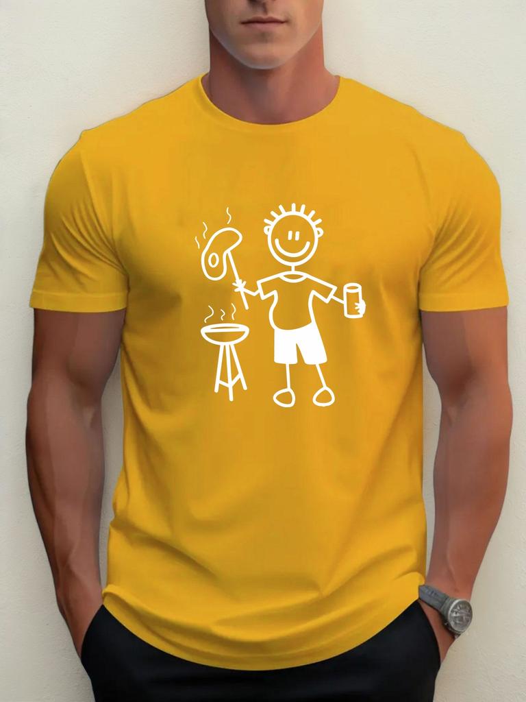 Men's Casual Figure Barbecue Print Summer 100% Pure Cotton Round Neck Short Sleeved Daily Outdoor Loose Oversized T-shirt