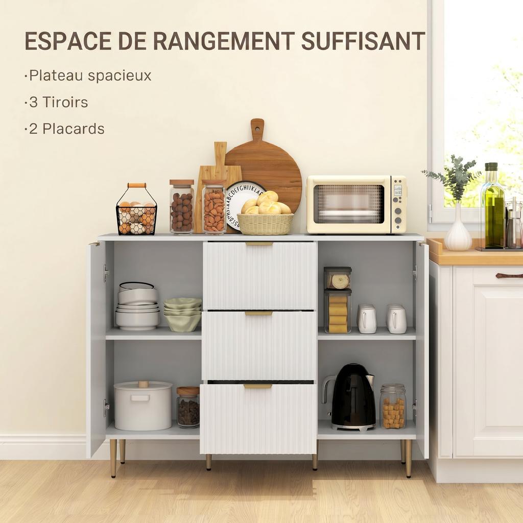 Kitchen Sideboard, 3 Drawers, Adjustable Shelves, Fluted Doors, 120 x 40 x 90 cm, White