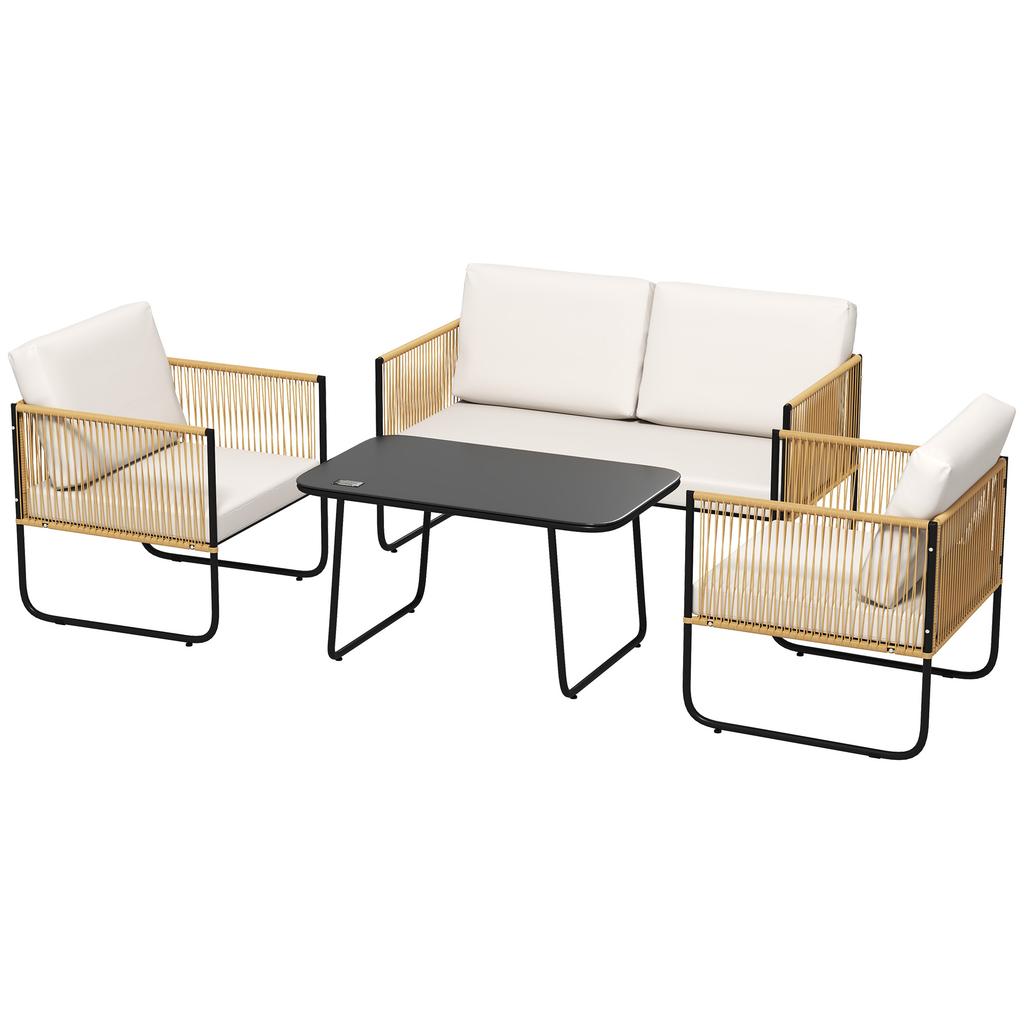4-Piece Garden Furniture Set with 2-Seater Sofa, 2 Armchairs, 1 Glass Coffee Table and Cushions – Cream White