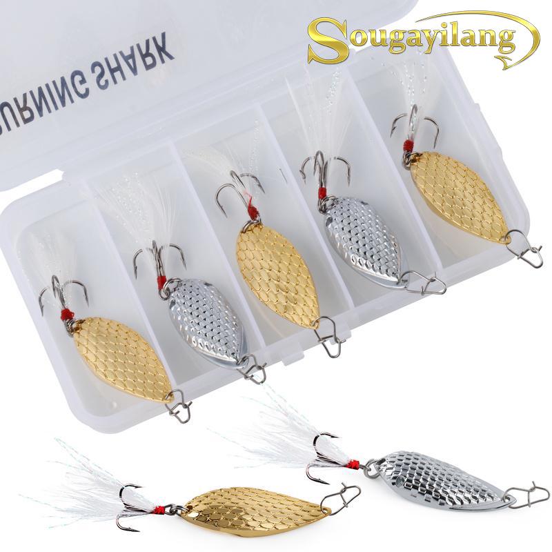 5pcs Fishing Lure Spoon Metal Lure Bait Jig Treble Hooks Spinners for Bass Trout