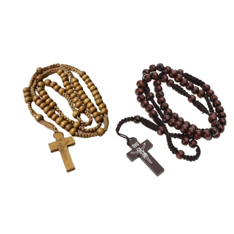 Wood Beads Cross Rosary Necklace Hangable Pendant Crafts Long Bead Chain for Christmas Party Church Decorations