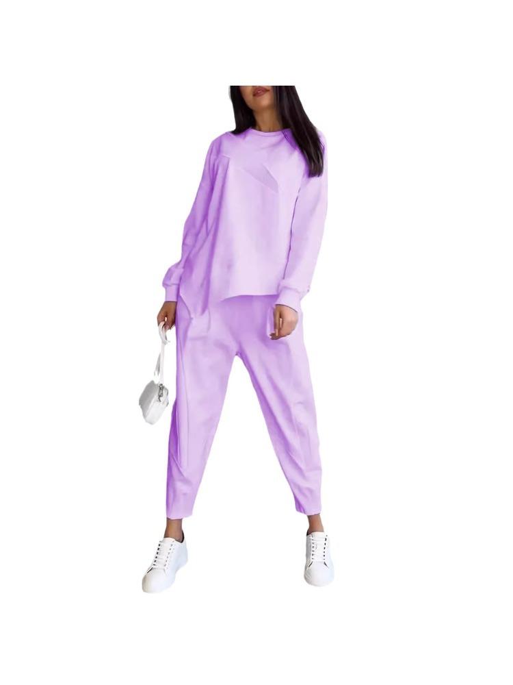 Women's Streetwear Comfortable Casual Workwear-Style Round-Neck Loose-Fit Asymmetrical Long-Sleeve Top and Trousers Set