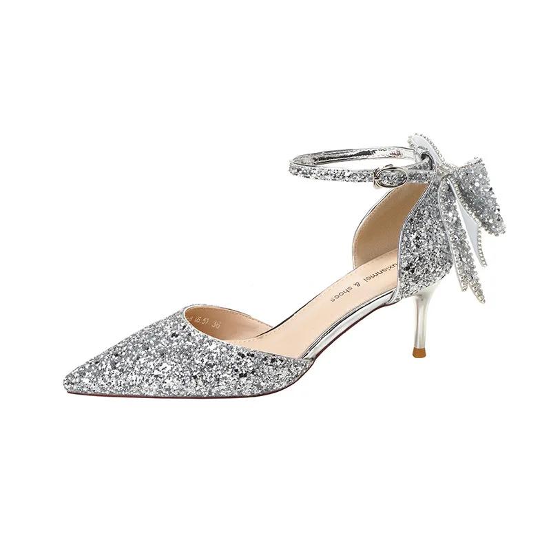 Sexy Black Swan Crystal Fine Heels Women's Flat Shoes Pointed Tip Bow Decorated Single Shoes Summer Season