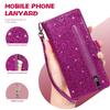Custodia in Pelle con Portafoglio con Cerniera e Cordino per iPhone 16/15 con Fessura per Carte Glitterata