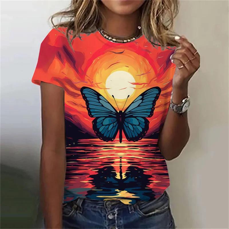 Summer Round Neck Butterfly Pattern 3D Print Top Fashionable Casual Short Sleeved Women's T-shirts
