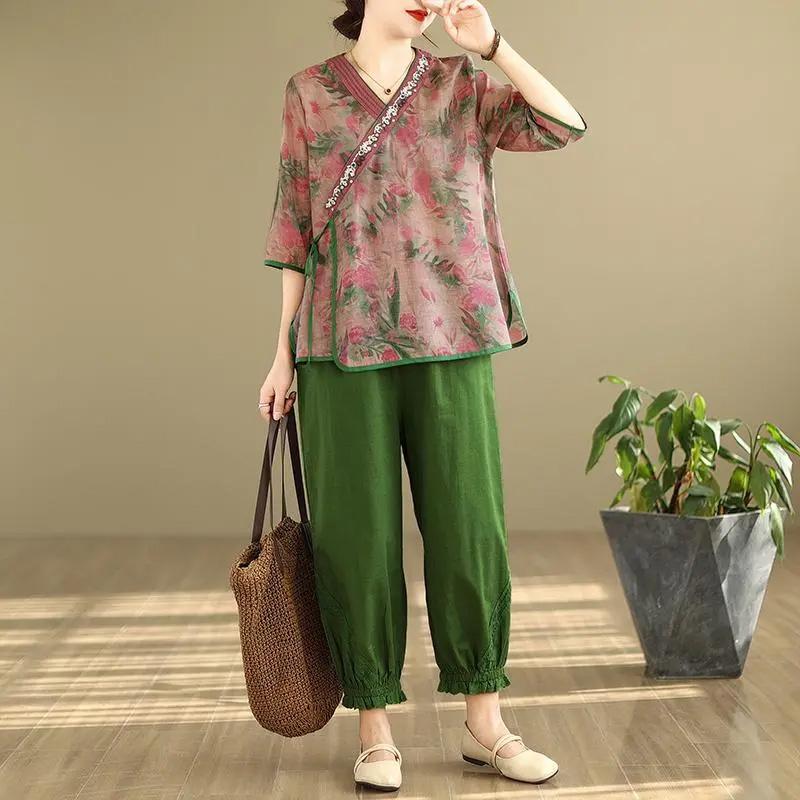 

Жіночий костюм, комплект із 2 предметів, бавовняна футболка та штани, бавовняна оверсайз, вільний повсякденний літній костюм із двох частин, верхні штани L