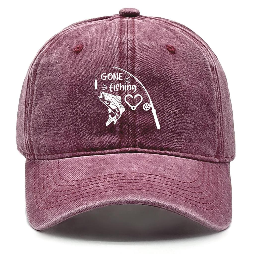 GONE Fishing" Print Adjustable Sun Hat, Fishing Rod Fishhook Flat Cap Washed Simple Hip Hop Adjustable Buckle Snapback Baseball Hat