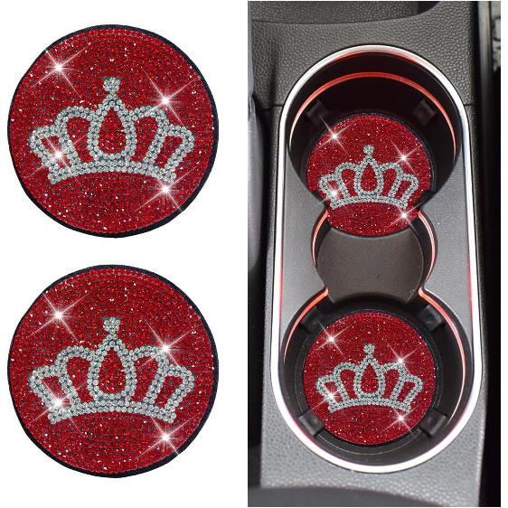 2PCS Bling Crown Car Cup Holder Coasters, 2.79 Inch Silicone Non-Slip ert Coaster, Crystal Rhinestone Car Coasters, Shockproof Drink Mat Auto красный