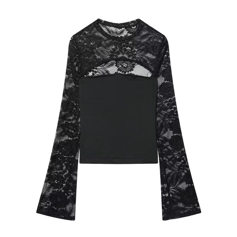 Spring 2026 European & American Style Lace Patchwork Hollow Bell Sleeve Slimming Top Small чёрный