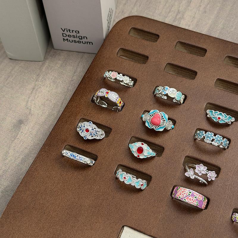 Niche High-End Sweet Sister Country Tide Style Colored Enamel Flower Retro Pattern Open Ring Stacked With Personalized Ring