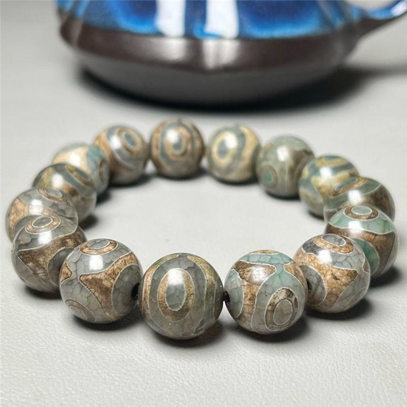 14MM Natural Agate Dzi Bead Stone Bracelet for Men Tibetan Chinese Style Spiritual Protection Handmade Stretch String Buddhist Gift