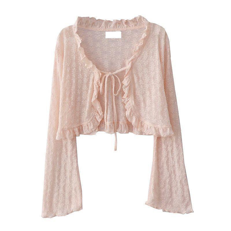 Women's Summer Chiffon Cardigan with Ruffle Lace-up and Bell Sleeves