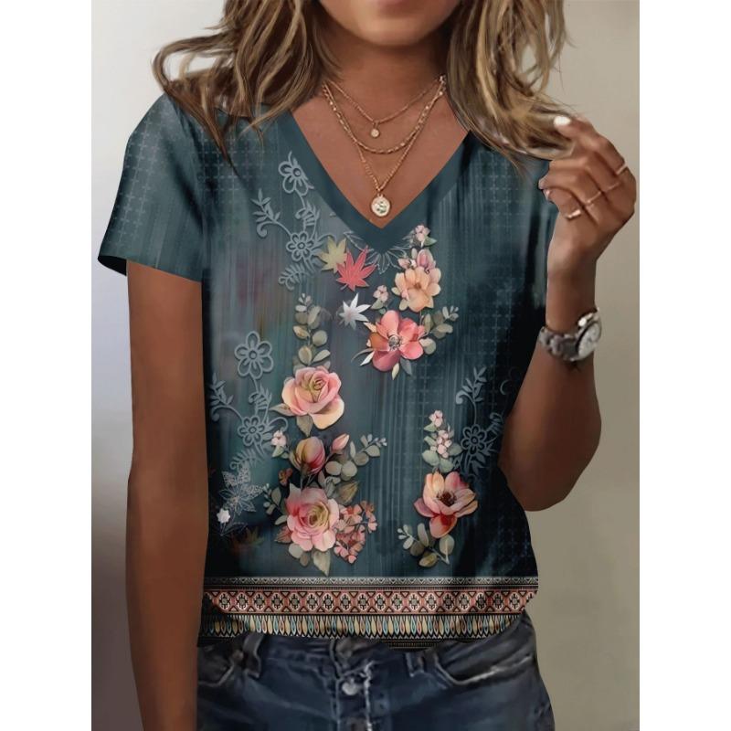 Women's summer casual V-neck short-sleeved T-shirt, with fashionable 3D print, suitable for outings or at home