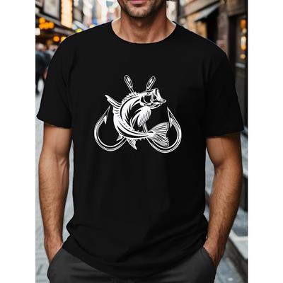 European Sizes Men's Fish And Fishhook Print Creative Top, Casual Short Sleeve Crew Neck T-shirt, Men's Clothing For Summer Outdoor