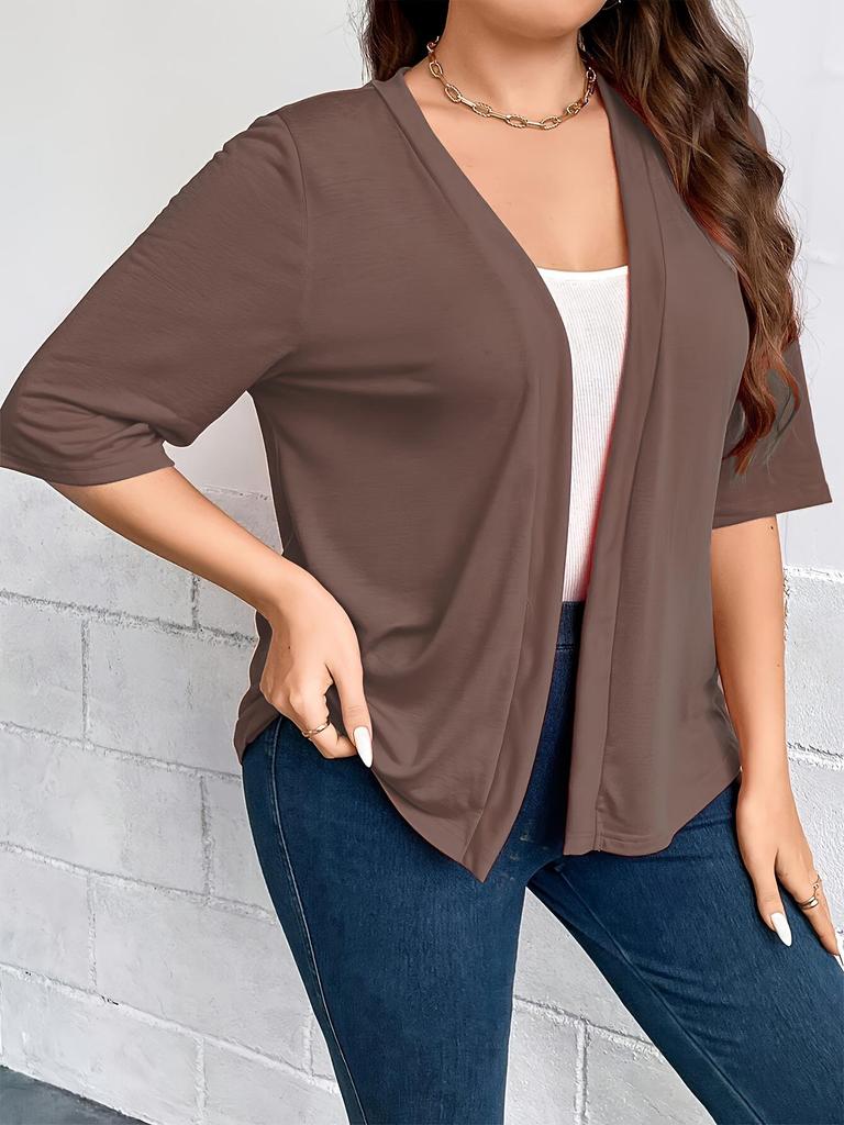 Plus Size Women's Mid-Sleeve Cardigan Jacket - Lightweight, Solid Color, 2026 New Arrival