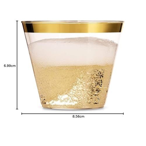 100 9 Oz Gold Plastic Cups, Clear Plastic Cups, Old Fashioned Tumblers, Gold Rimmed Cups, Fancy Disposable Wedding Cups, Elegant Party Cups with Gold