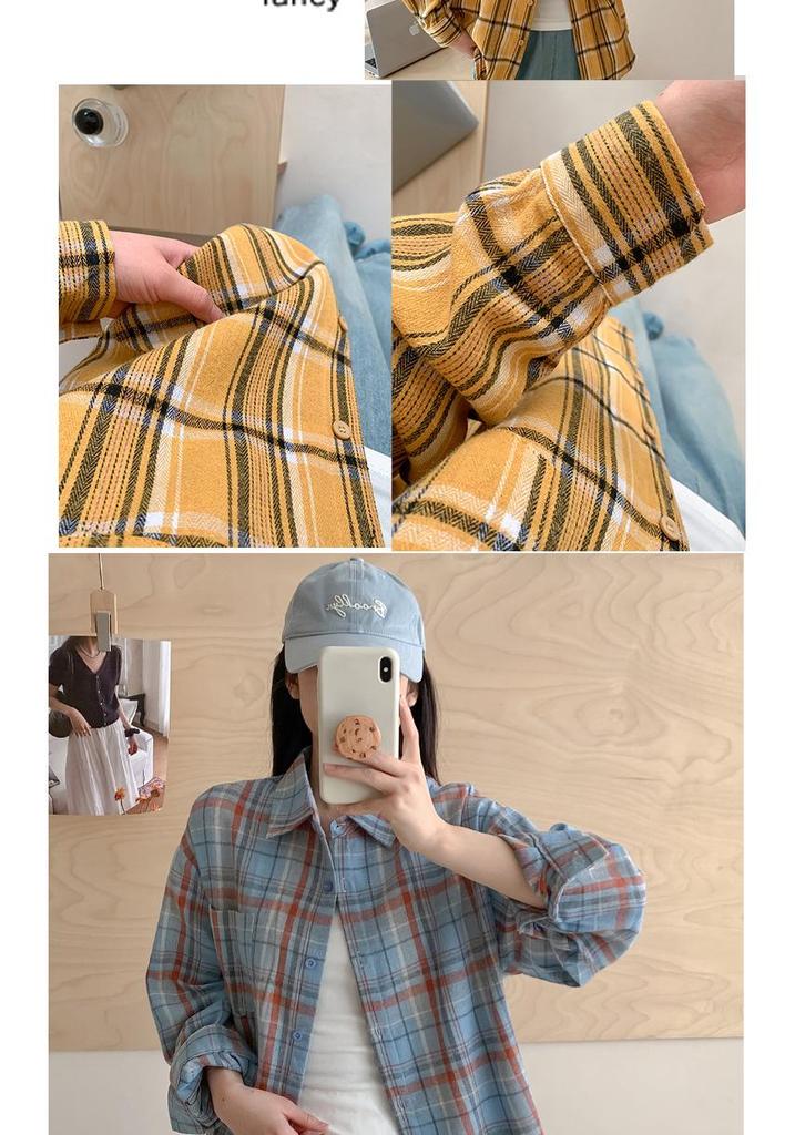 Women's Retro Plaid Long Sleeve Shirt - Spring/Autumn Loose Fit, Korean Style Casual Jacket