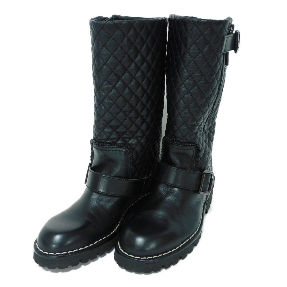 Used Matelasse COCO Mark Engineer G28566 7900 34" Quilted Side Zip Engineer Belt, Size 8.3" (10097) CC Mark Black