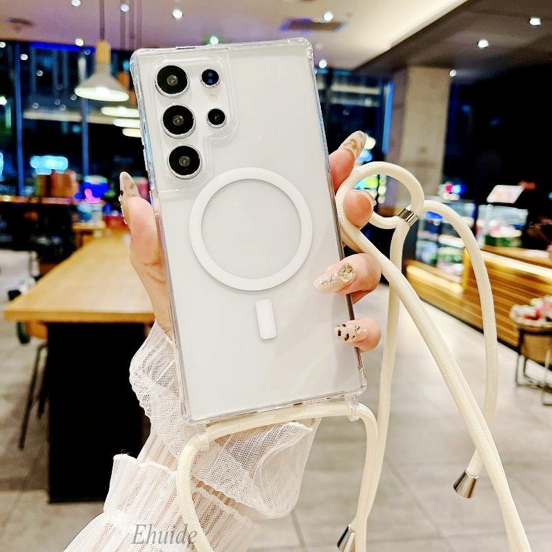 Magnetic Strap Case For Samsung Galaxy S26 Ultra S23 S24 Plus S25 Plus Crossbody Lanyard Clear Wireless Charging Clear Cover