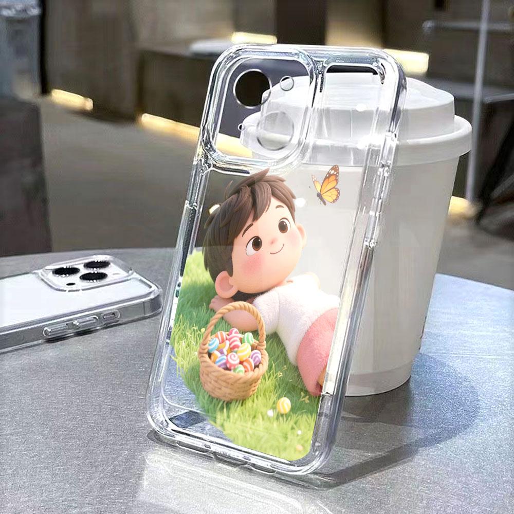 Boy on Grass with Candy Basket lucency Phone Case for IPhone 14 15 16 13 12 11 17 Pro Max 12 13 Mini Soft Cover