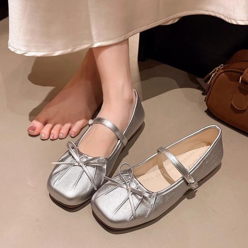 

Shallow mouth Mary Jane shoes girl autumn new bow fairy word with soft sole versatile single shoes 35 срібний