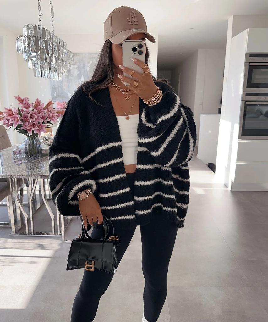 New autumn and winter sweater for women, loose contrasting stripes, reverse bone embroidery, knitted cardigan jacket for women 3583 KTB