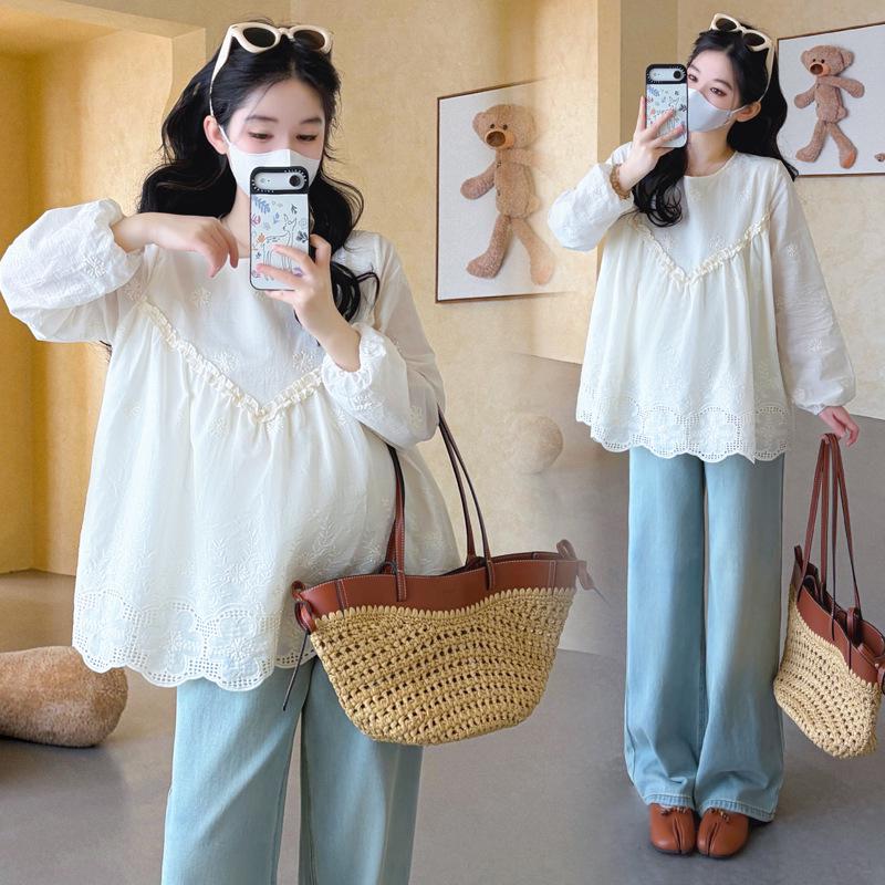 

2026 Spring V-neck Lace Trim Sweet Doll Shirt for Pregnant Women L абрикосовий