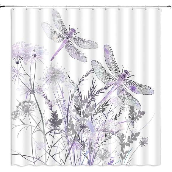 Dragonfly Floral Shower Curtain Wildflower Dragonflies Flower Blooms Branch Leaves Sage Spring Summer Botanical Vintage Abstract Fabric Bathroom