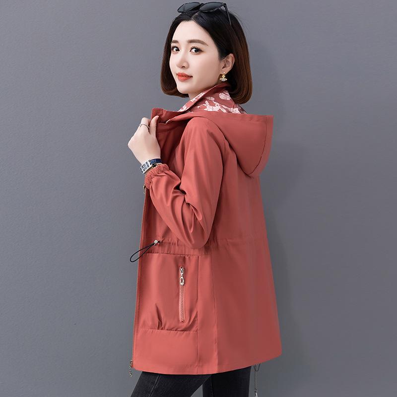 Women's Outdoor Windproof Jacket Spring and Autumn 2 Sides Wear Hooded Jacket Mid-Length Long Sleeve Jacket