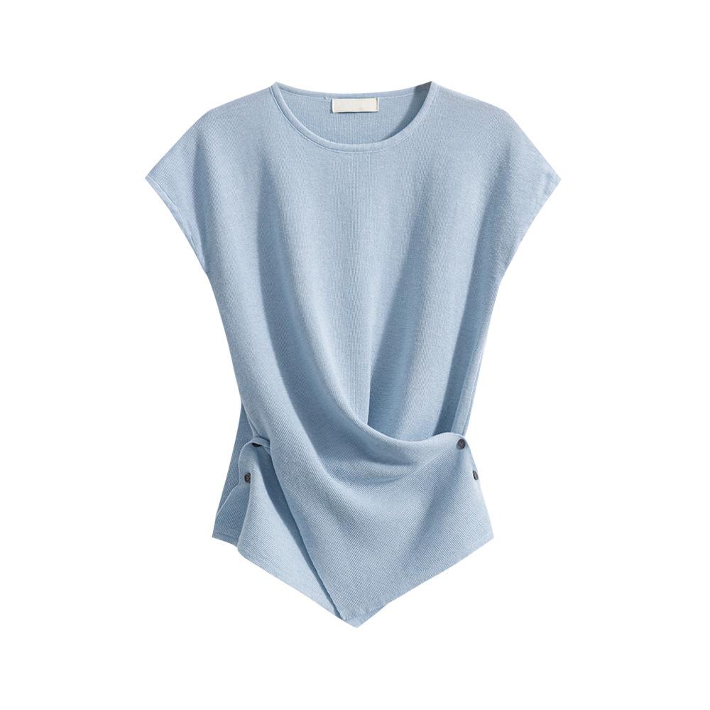French Round-neck Knitted Sweater, Summer Thin Sleeveless, Slimming and High-end Top, Short-sleeved Women's T-shirt with A Straight Shoulder