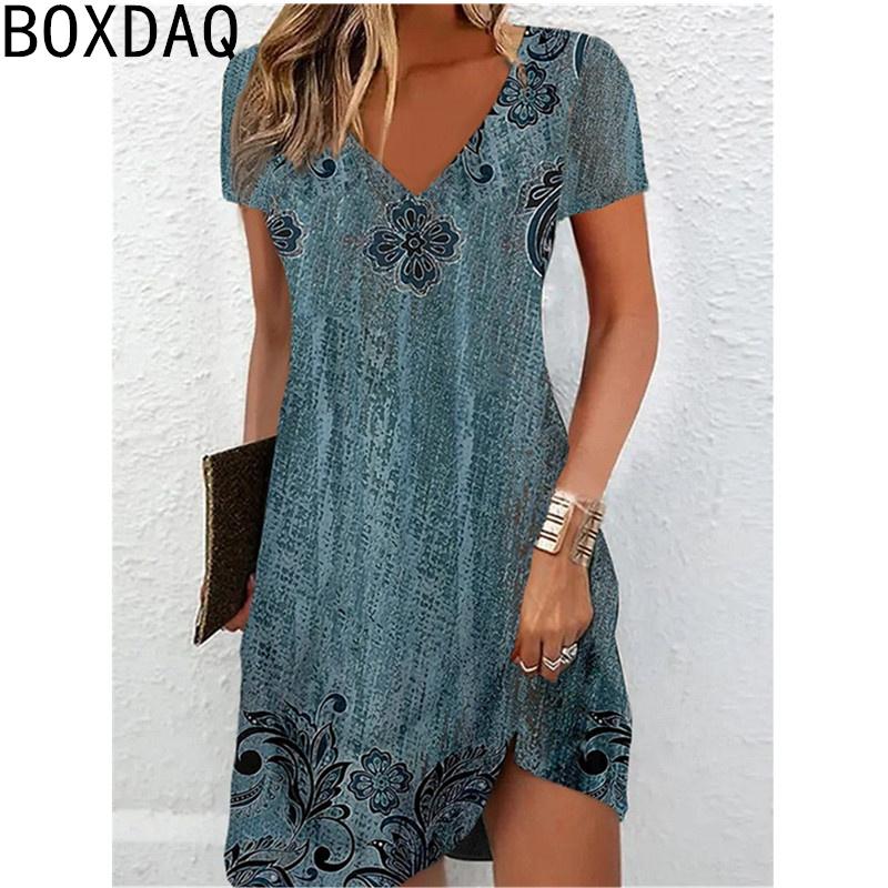 Women's Summer Dress Vintage Floral Printed Mini Dress V-neck Short Sleeves Casual Brach Holiday Dresses Oversized Dress