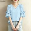 Blusa feminina casual com decote em V cor sólida solta meia manga