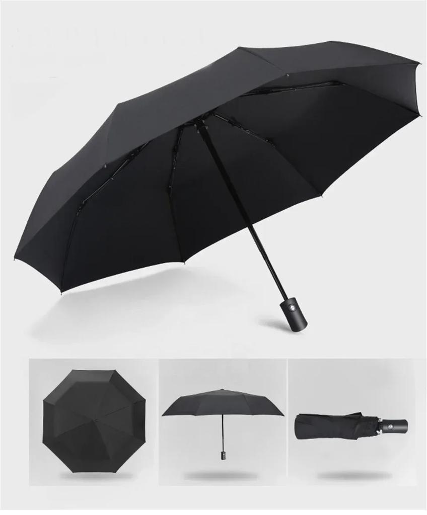 Automatic Rain & Sun Umbrella Black Coating Parasol Anti-UV 3 Folding Wind Resistant Auto Luxury Big Windproof Women Men 8Ribs
