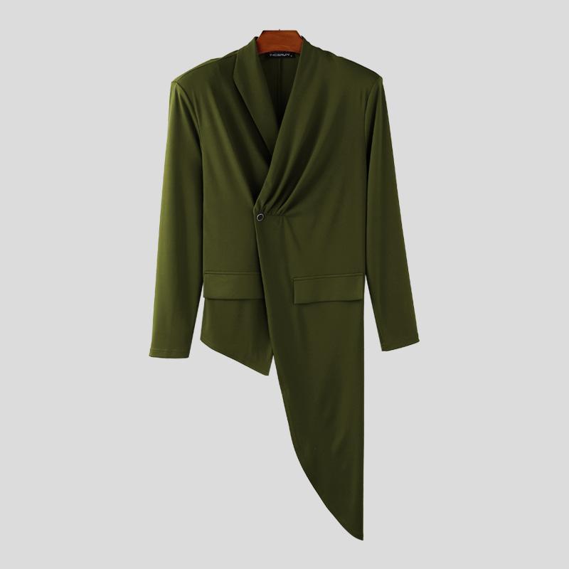 INCERUN Men V Collar Long Sleeve Splits Irregular One Buttons Front Cross Thin Tops Blazer
