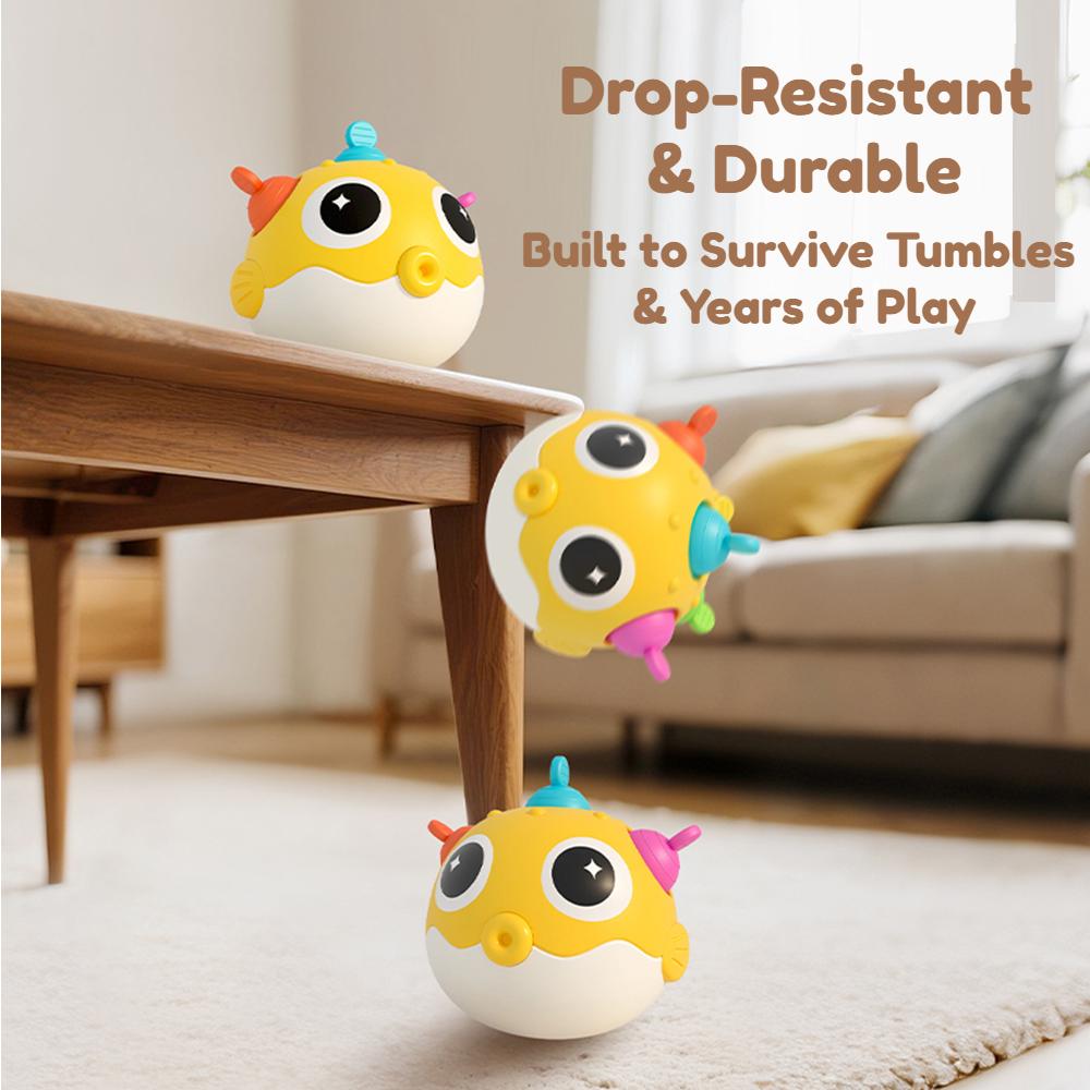 Pufferfish Baby Roly-Poly Rattle Toy with Teether Button Motor Skills Hand-Eye Coordination Early Learning Toy Newborn Gift