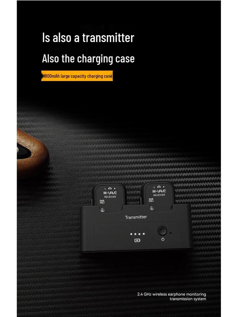 Portable Wireless In-Ear Monitor System with Charging Case, One-to-Two Transmitter and Receiver.