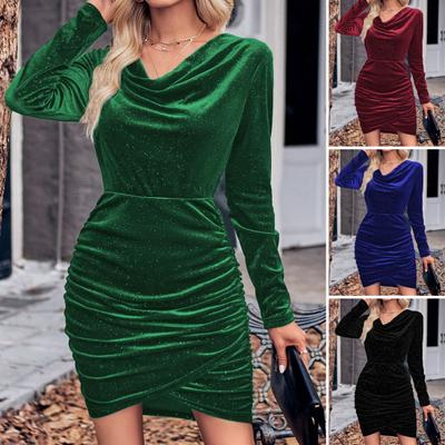 Lady Mini Dress V Neck Slim Fit Pleated Long Sleeves Sheath Irregular Hem Pure Color Elastic Club Party Fall Spring Short Dress