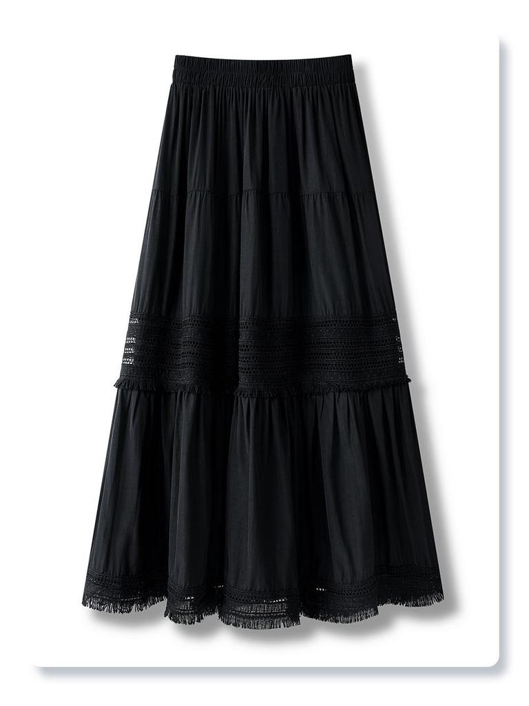 Women's High Waist Black Lace A-Line Midi Skirt - Spring/Summer 2025 Slimming Puffy Cake Swing