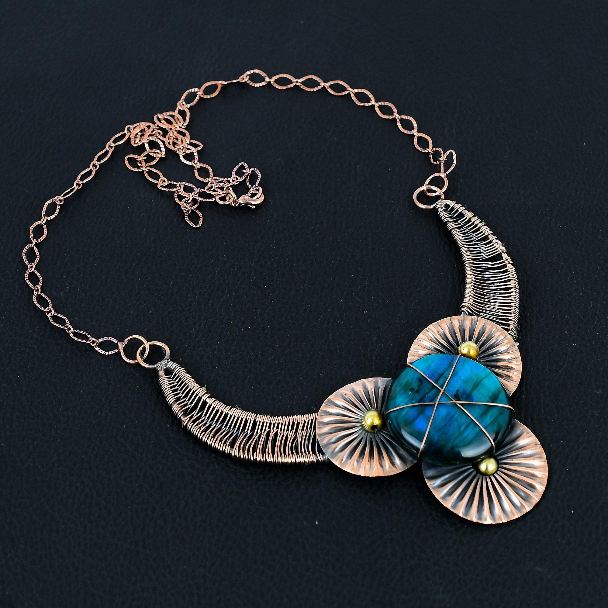 

Синий флэш-лабрадорит драгоценный камень ручной работы из чистой медной проволоки ювелирное ожерелье для женщин 18 Inches синий