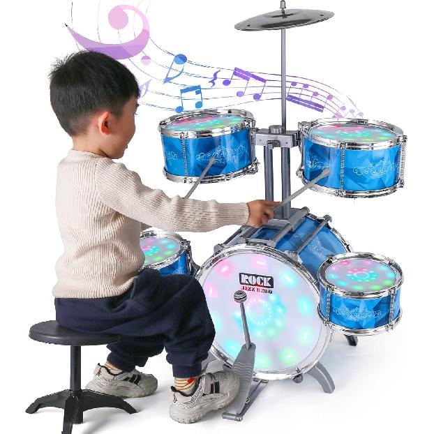 Kids Drum Set for Toddlers with 5 Jazz Drum Kit & Lights (Vibrating-Controlled) & Alloy, Musical Instruments Toys, Boys Gifts for Aged 1-3 3-5