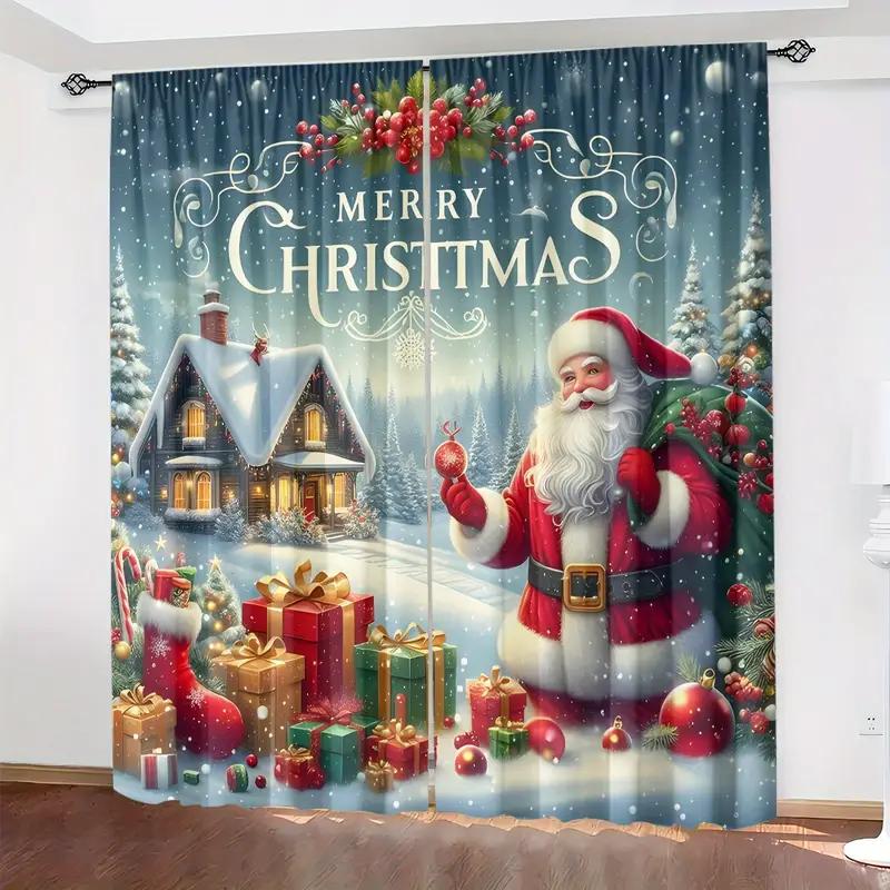 Set Of 2 Santa Claus Pattern Filtering Polyester Curtains Christmas Home Windows Classic Made