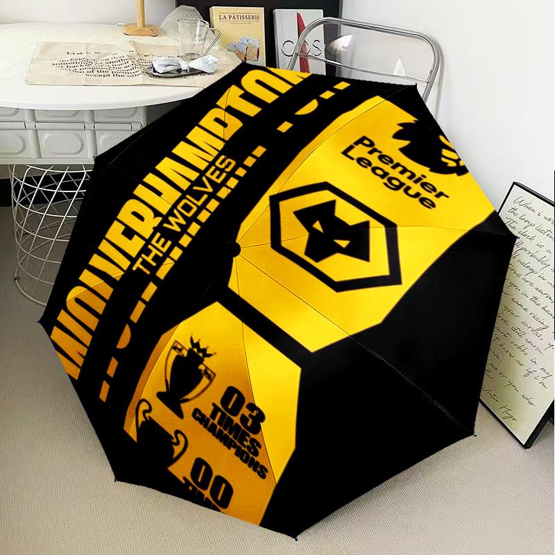1 Stück Wölfe Fußballclub Emblem Aufdruck Regenschirm Klappschirm, Automatikschirm 8-Rippen für Reisen, Camping Fan Geschenke Weihnachtsgeschenke