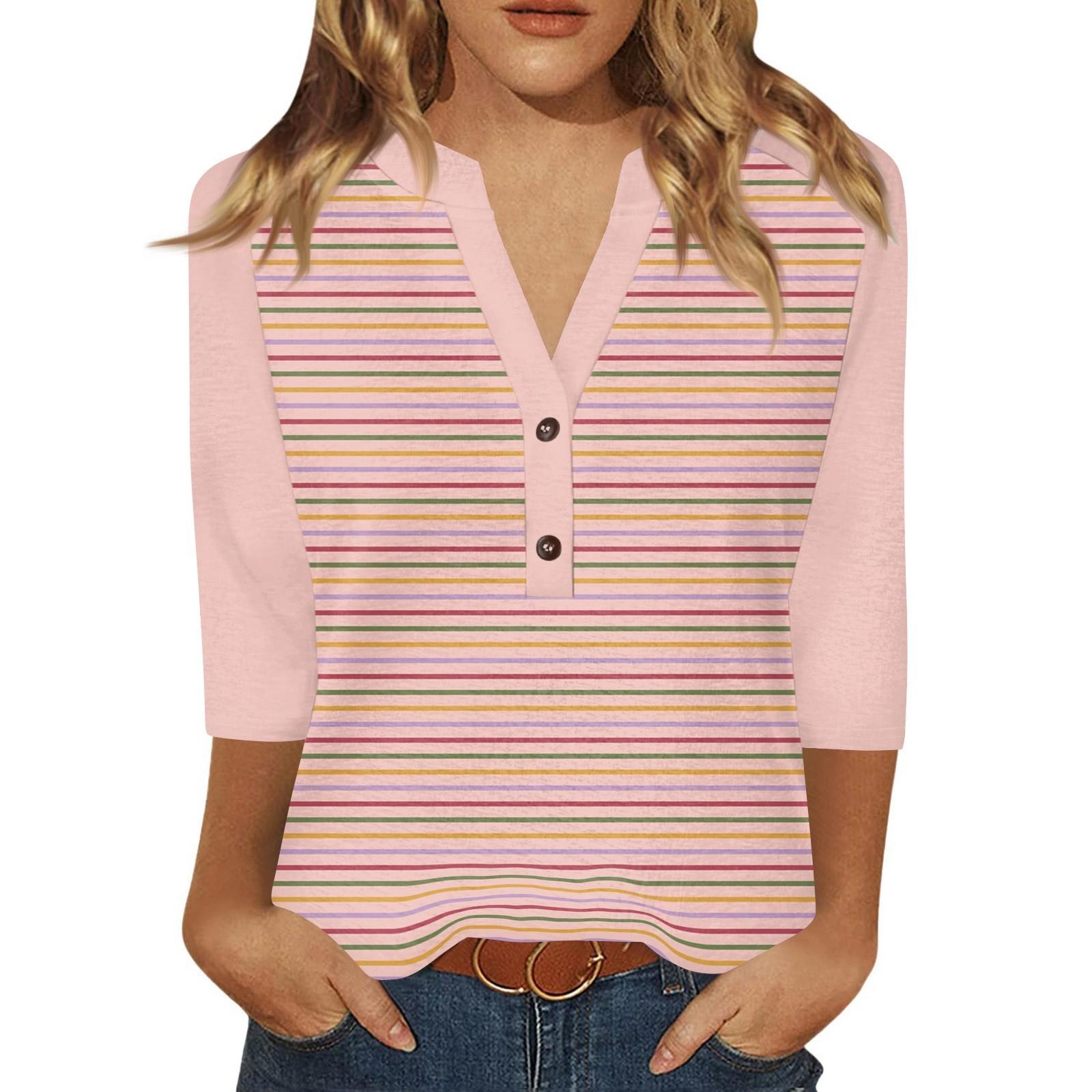 

Жіноча футболка з принтом на ґудзиках з рукавами 3/4, щоденна мода на вихідні, звичайний топ із V-подібним вирізом M рожевий